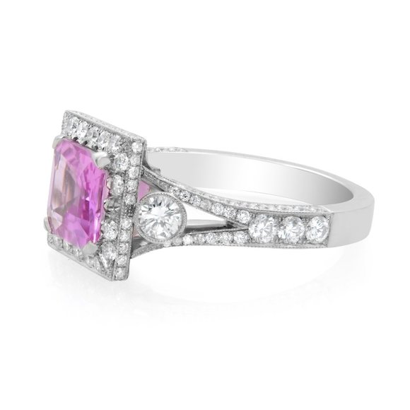 Asscher Cut Pink Sapphire Diamond Halo Engagement Ring Platinum 1.53ct Size 6 - Picture 4 of 6